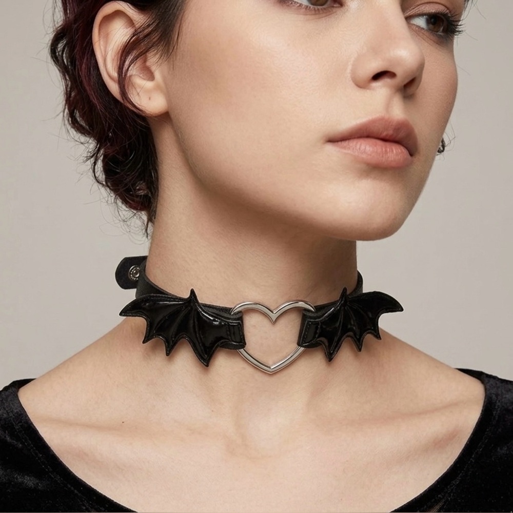 Gothic Vampire Heart & Bat Wing Choker Necklace